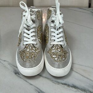 Size 8.5  Betsey Johnson Bilie Gold Rhinestone woman’s Hi-Top Sneakers Worn once